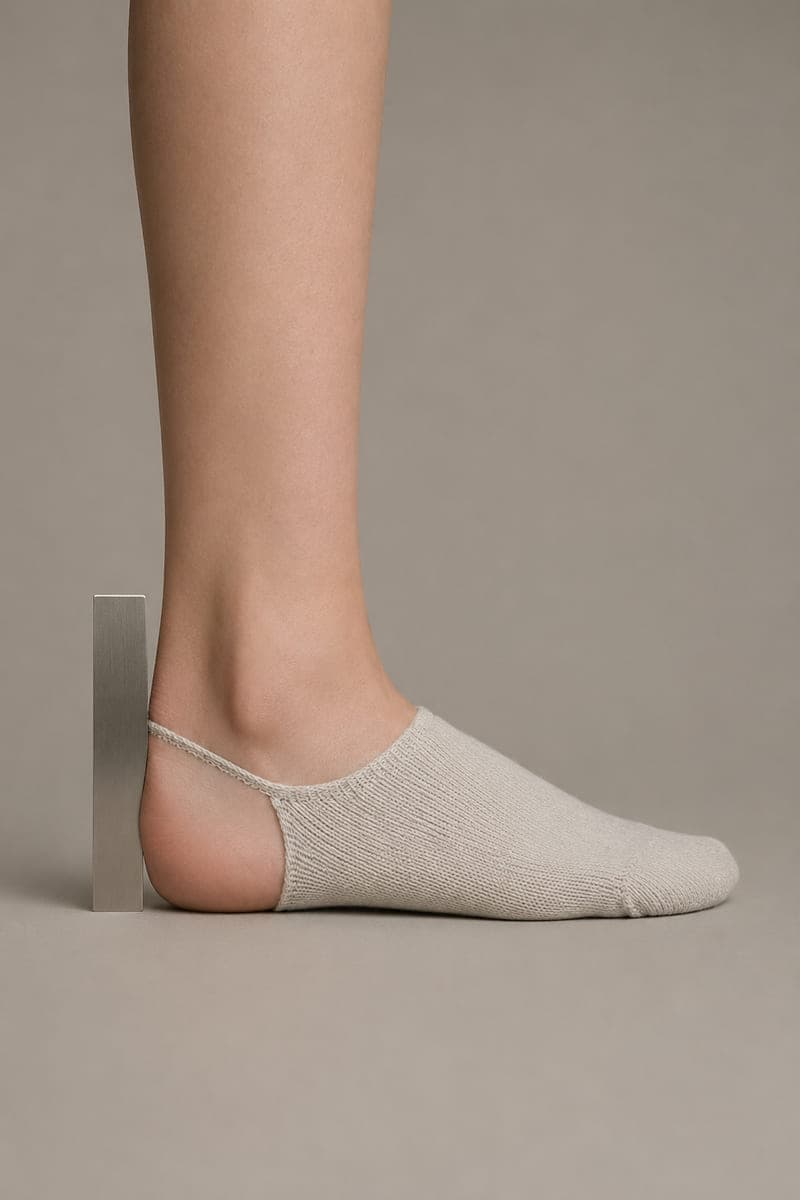 A rule held against the back of a heel showing a 26 millimetre cuff height.