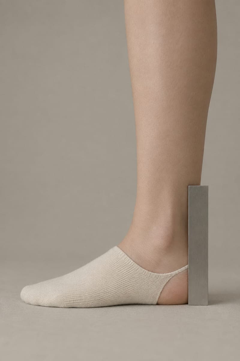 A rule held against the back of a heel showing a 32 millimetre cuff height.