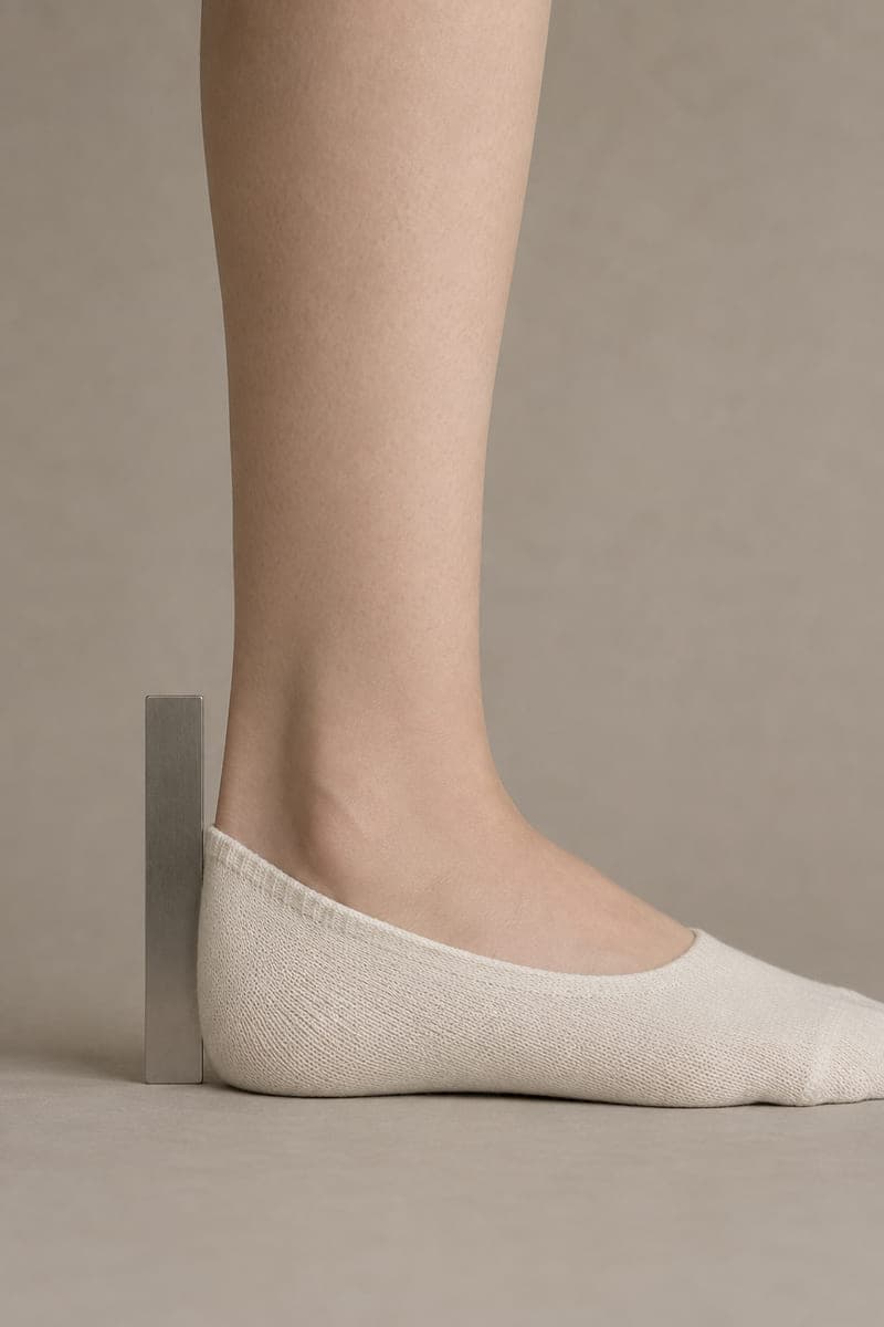 A rule held against the back of a heel showing a 34 millimetre cuff height.