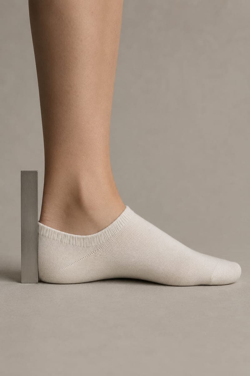 A rule held against the back of a heel showing a 38 millimetre cuff height.