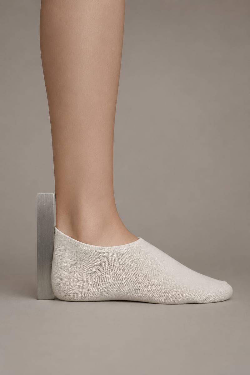 A rule held against the back of a heel showing a 52 millimetre cuff height.